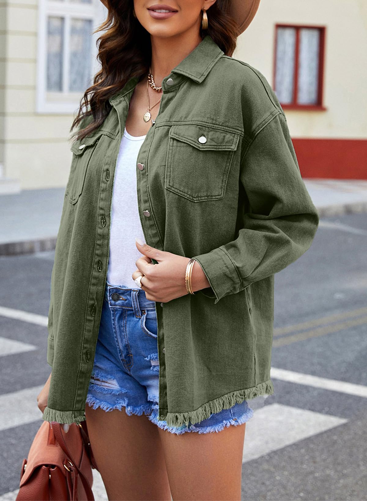 Dokotoo Jeansjacke Damen Übergangsjacke Oversize Jeans Jacken Jeanshemd Distressed Fransen Denim Hemdjacke mit Taschen S-2XL