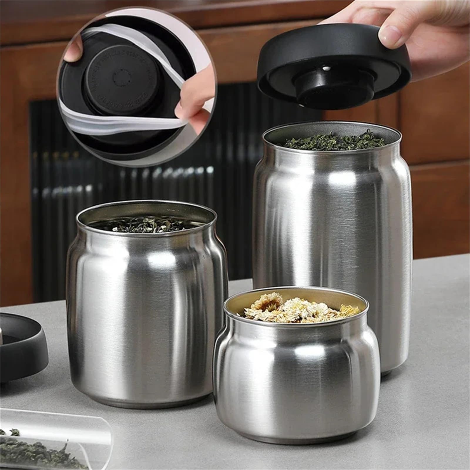 Caja De Te Recipiente hermético de Acero Inoxidable for té, Resistente a la Humedad, for el hogar, Prensa al vacío, for Granos de café (Black1200ml)