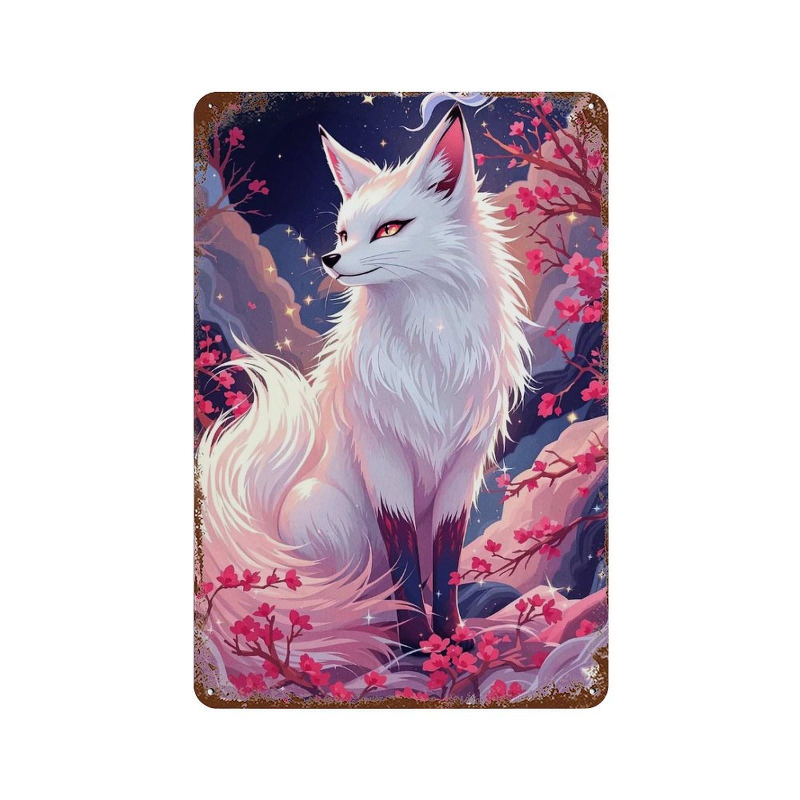 Garage Style Art Fox with Cherry Blossoms Distressed Metal Wall Sign 11.8"x7.9", Rustic Home Decor for Bar And Workshop