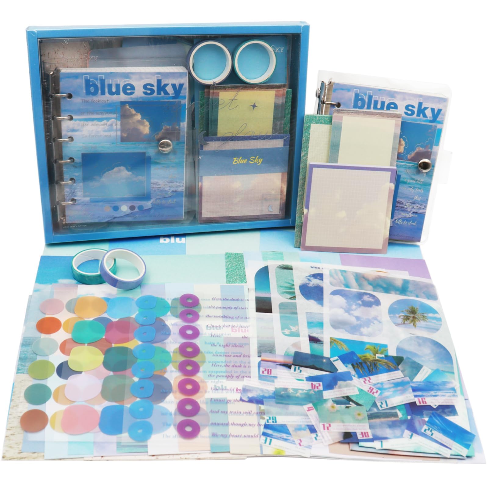 Azonee Vintage Aesthetic Scrapbook Kit, 154 Pcs Scrapbooking Supplies Kit for Bullet Junk Journal, Stationery, A6 Grid Notebook, DIY Journaling Supplies, Birthday Craft Gift for Teen Girl Kid (Sky)