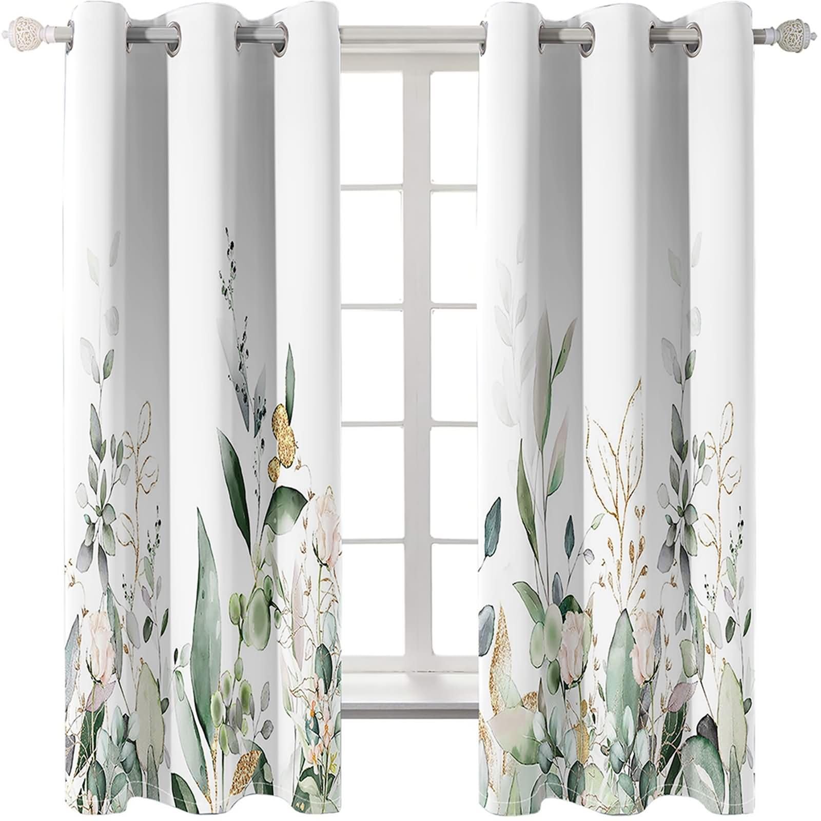 Rideaux de Cuisine Occultant 2 Pieces,2 x 102W x 244H CM,Rideaux a Oeillet Motif de Fleurs et de Feuilles Rideau de Salle Vert Blanc