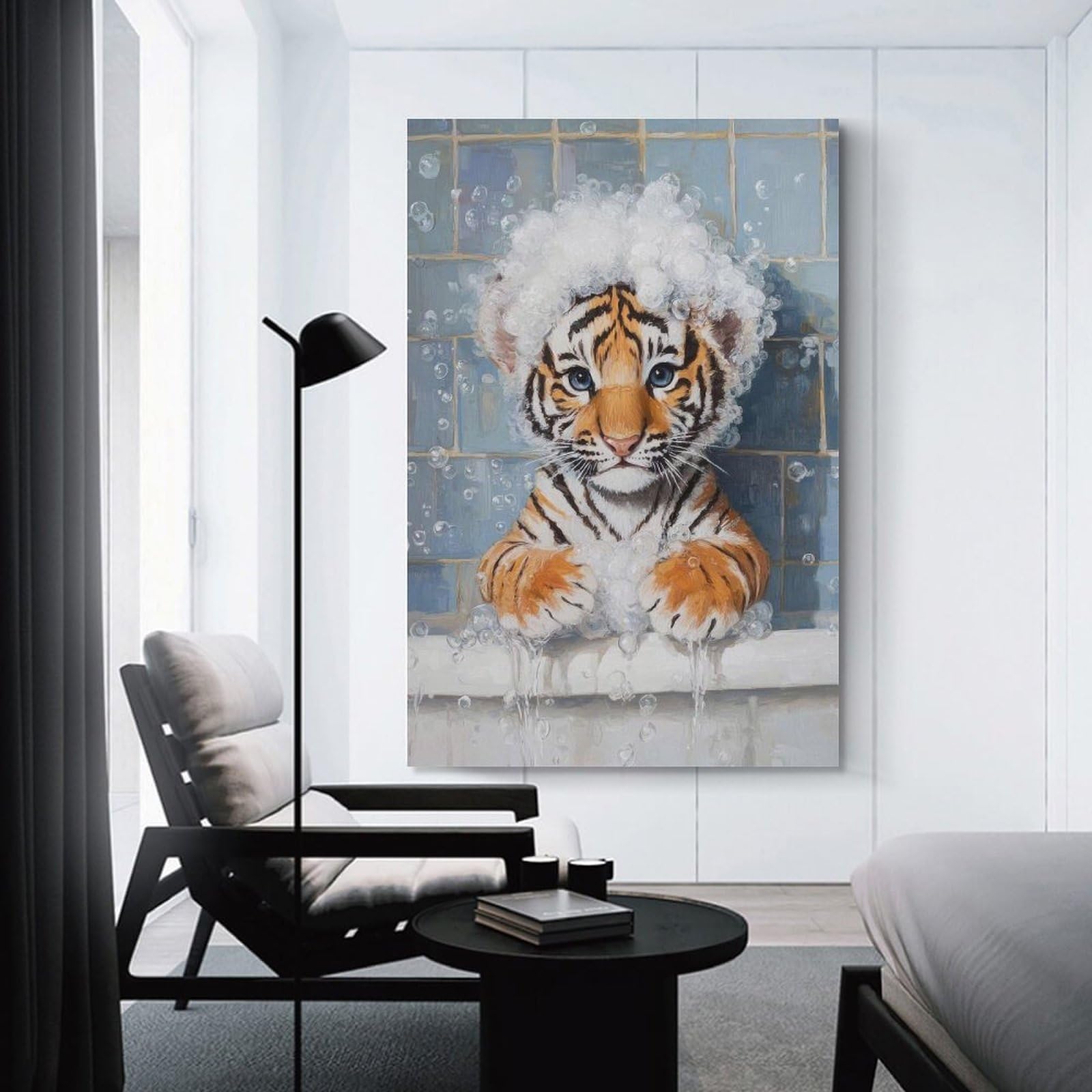 Junmoney Tiger Cub Bath Time Decorative Wall Artwork, 20x30inch(50x75cm), for Work Areas, Reading Rooms Or Studios, Wall Art That Adds Style to Work Areas