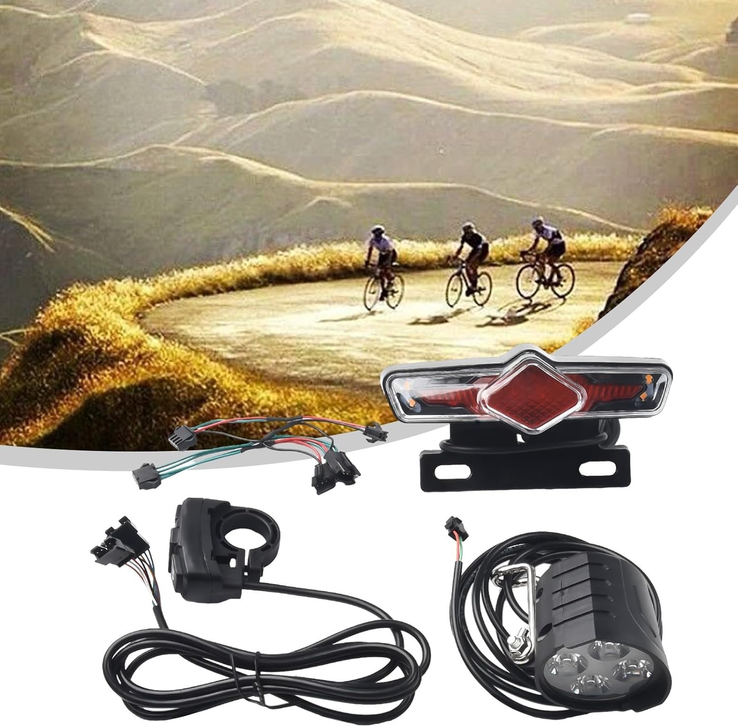 DK336 Electric Bicycle LED Light Kit Front Headlight Rear Taillight With Control Switch Cable 36-60V Bike Lights Set For E-Bike Retrofit