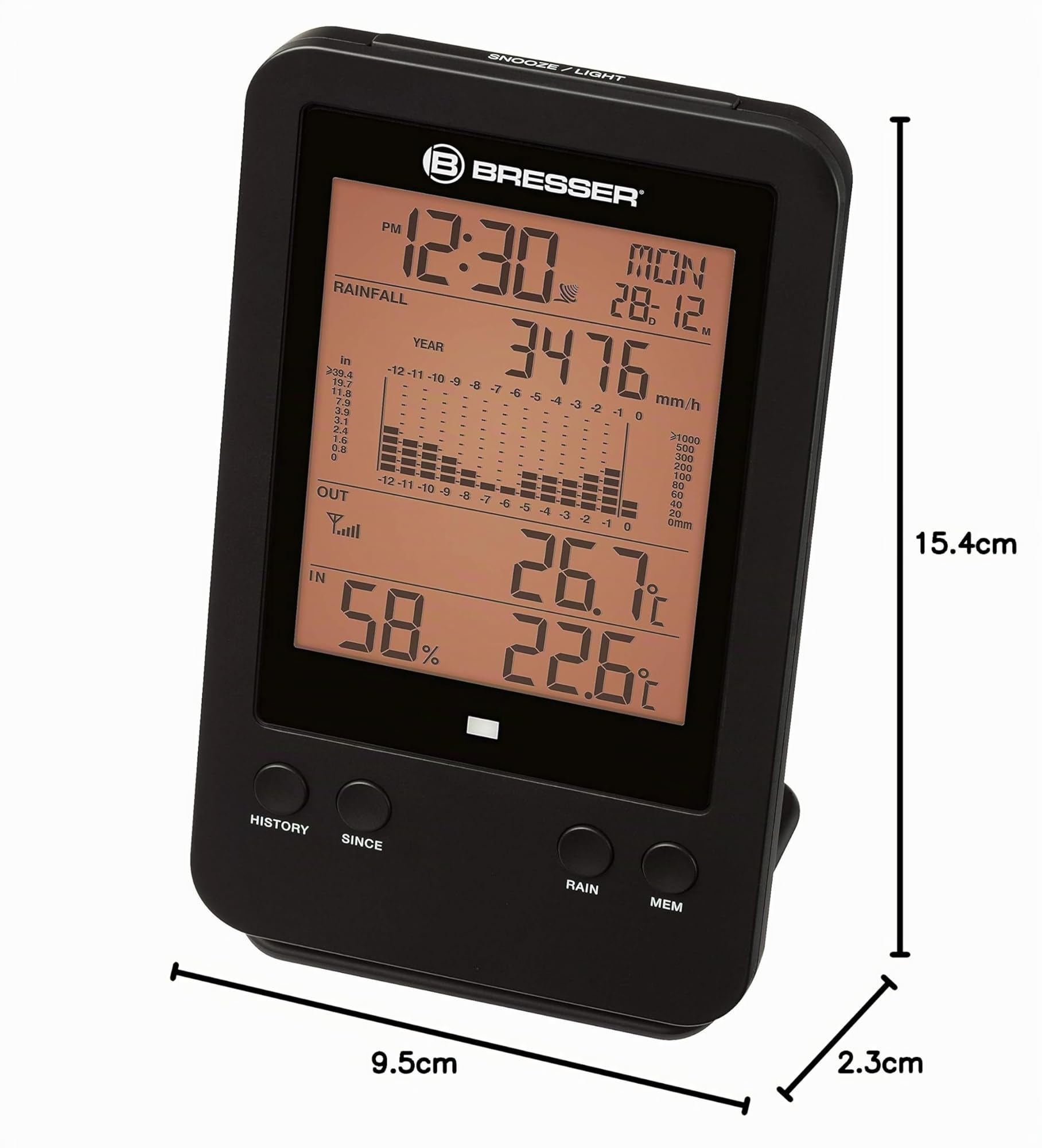 Bresser météo/ pluviomètre Station sans Fil avec capteur extérieur de Professionnel avec Horloge Radio DCF, réveil avec rétroéclairage et Stockage des données de valeurs maximales et maximales