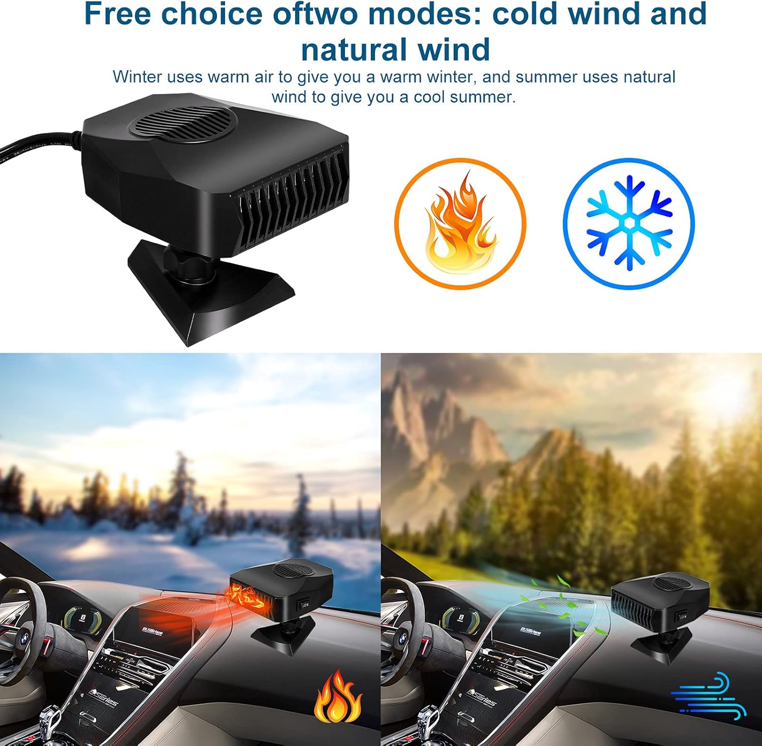 Wodesid Portable Heater for Car, 12V 150W Car Heater & Cooling Fan Windshield Defogger Defroster, Fast Heating, 360-degree Rotation (Black) : Sports & Outdoors