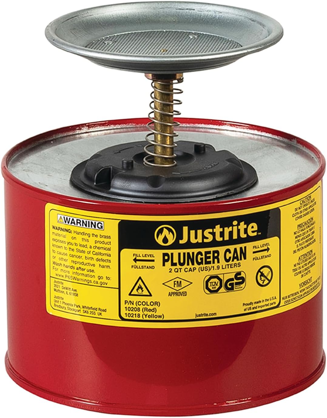 Justrite 10208 Steel Plunger Safety Can with Brass and Ryton Pump Assembly, 2 L Capacity, 7-1/4" OD x 7-3/8" H, Red