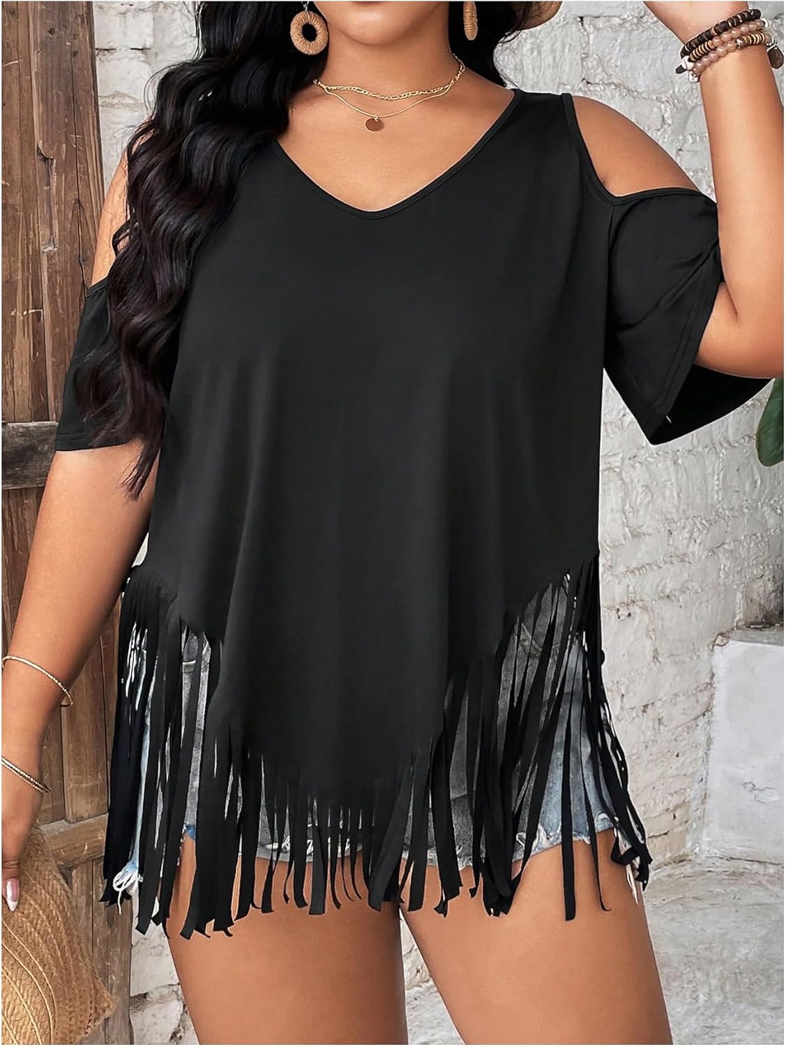 Women's Plus Size Fringe Hem V Neck Tops Short Sleeve Cold Shoulder T Shirts Top - Image 5