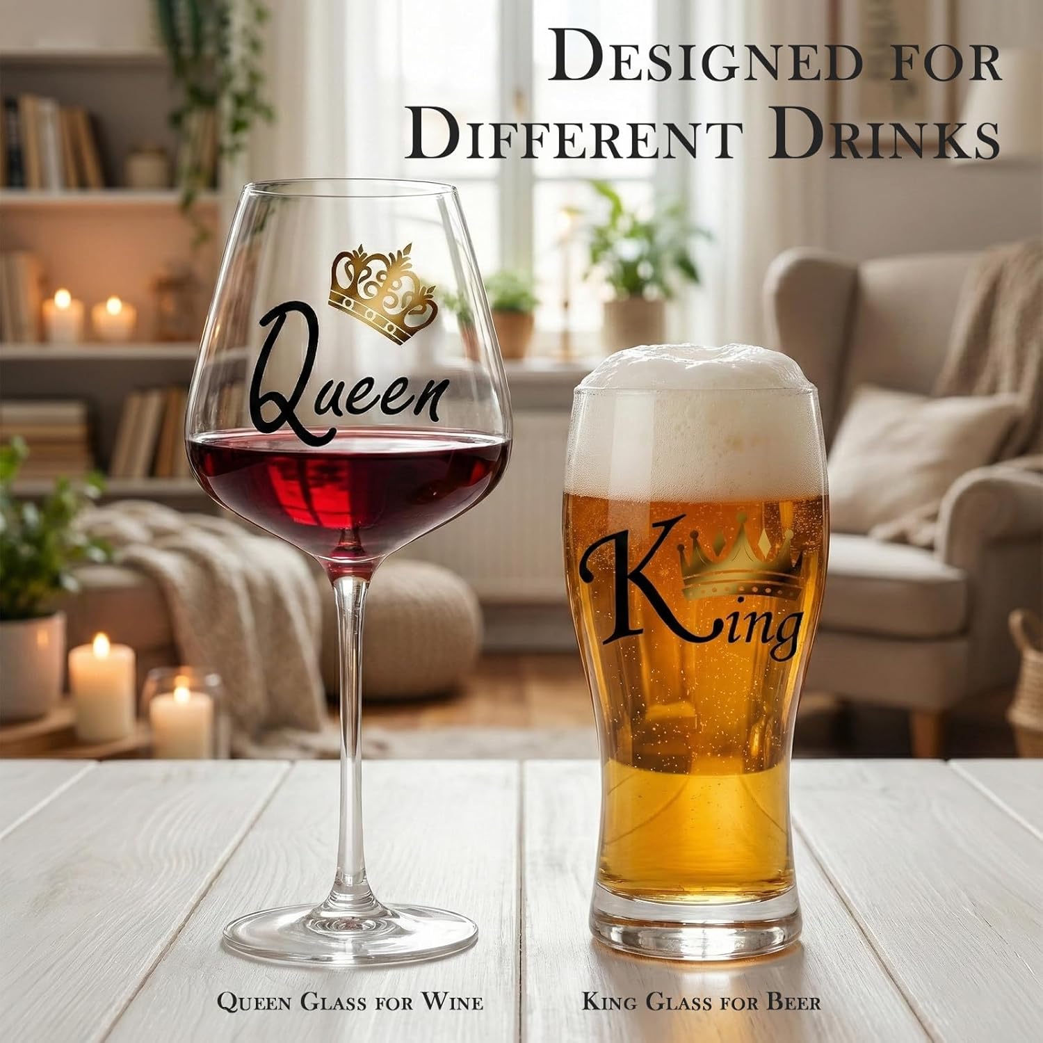 comfit King and Queen Glass Set for Couples – Burgundy Wine Glass & Beer Glass His and Hers Set with Gold Crown Design – Anniversary, Engagement, Wedding，Valentines Day Gift for Husband and Wife