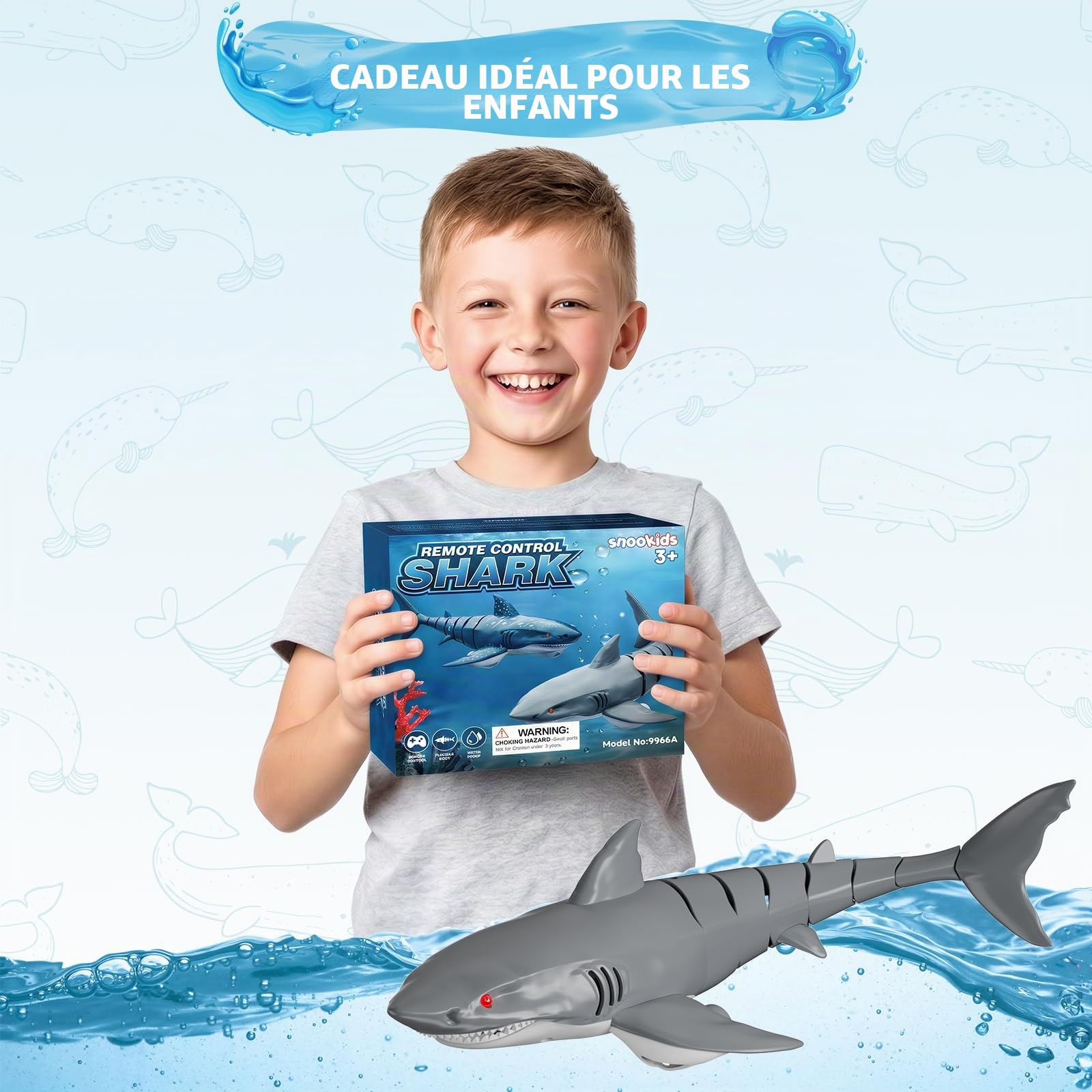 snookids Requin télécommandé Jouet - 2,4 GHz RC Requin Bateau de Simulation, Rechargeable par USB, Jouet Aquatique Bateau Radiocommandé Enfants, Cadeau pour Garçons et Fille