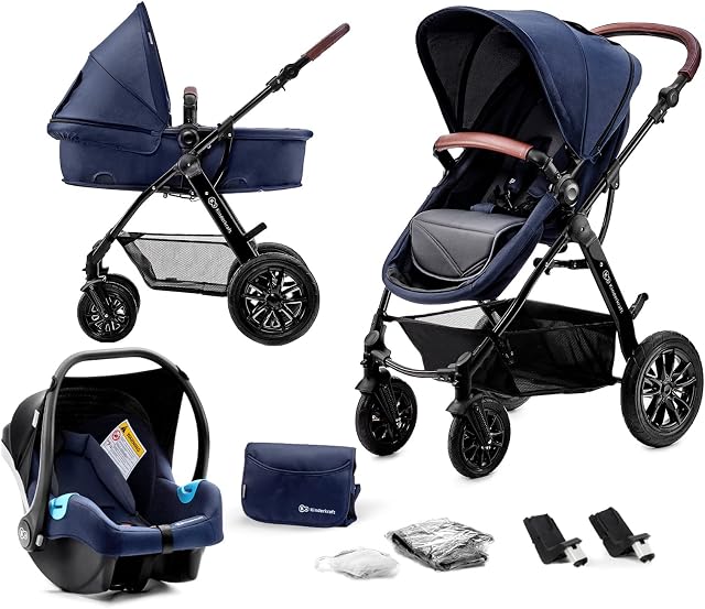 Kinderkraft Pram 3 in 1 Set MOOV, Travel System, Baby Pushchair, Buggy, Foldable, with Infant Car Seat, Accessories, Rain Cover, Footmuff, for Newborn, from Birth to 3 Years, Navy