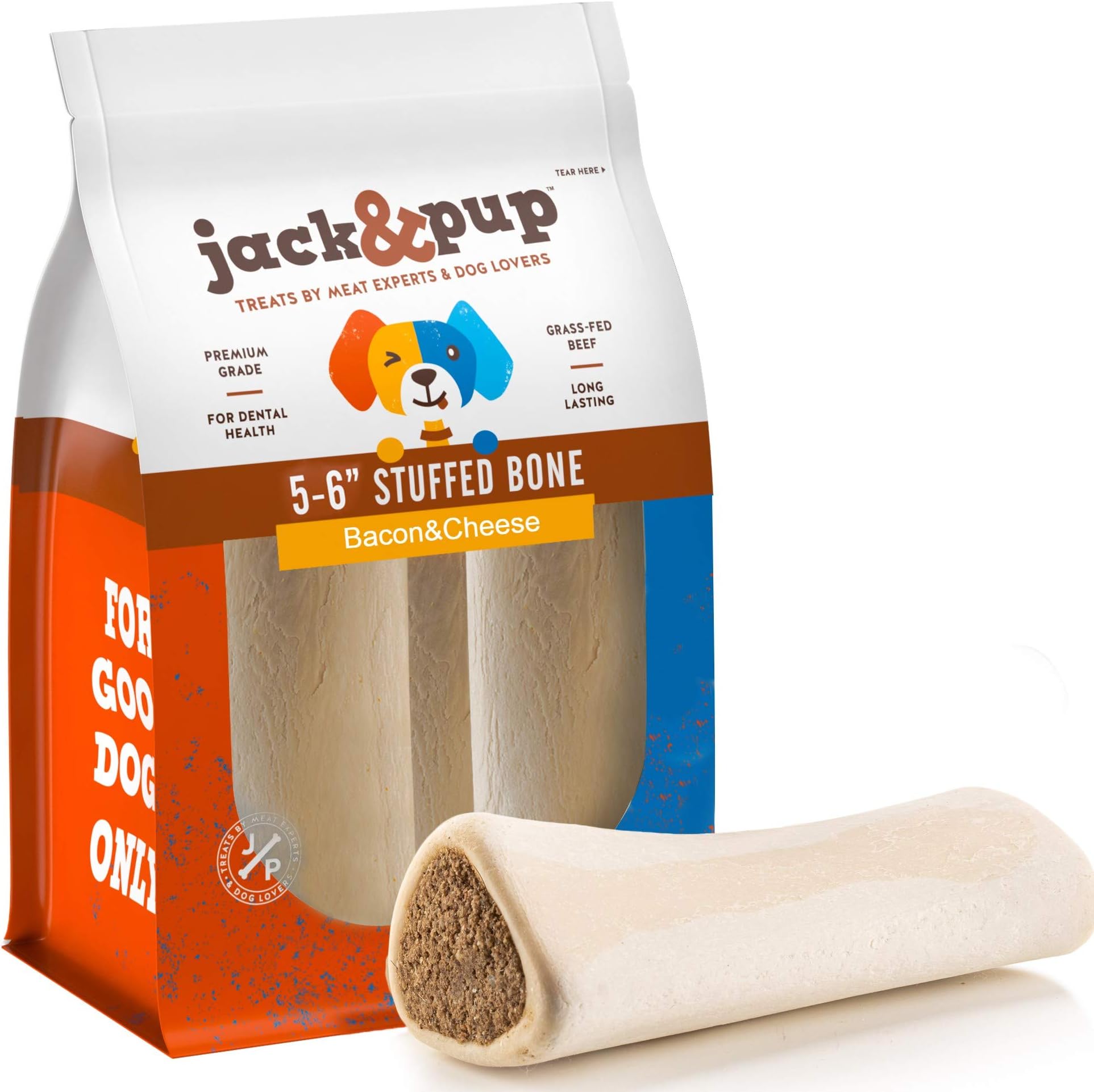 Jack&Pup 5-6" Filled Dog Bones for Large Dogs (3 Pack), Flavored Shin Dog Bones Long Lasting, Stuffed Bone for Dogs, High Protein, Bacon and Cheese Flavor