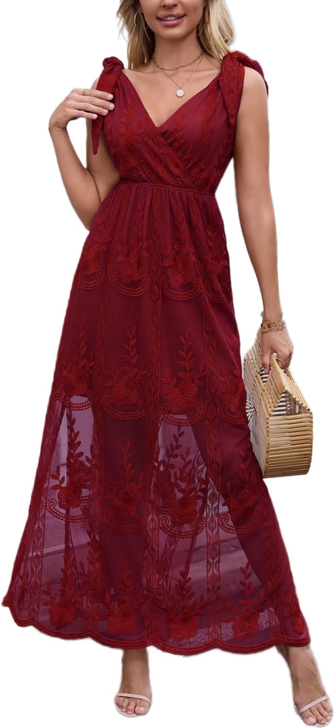 Short Evening Burgundy Lace Boho Dress Women's V Neck Tie Strap Embroidered  Lace Maxi Wedding Dress