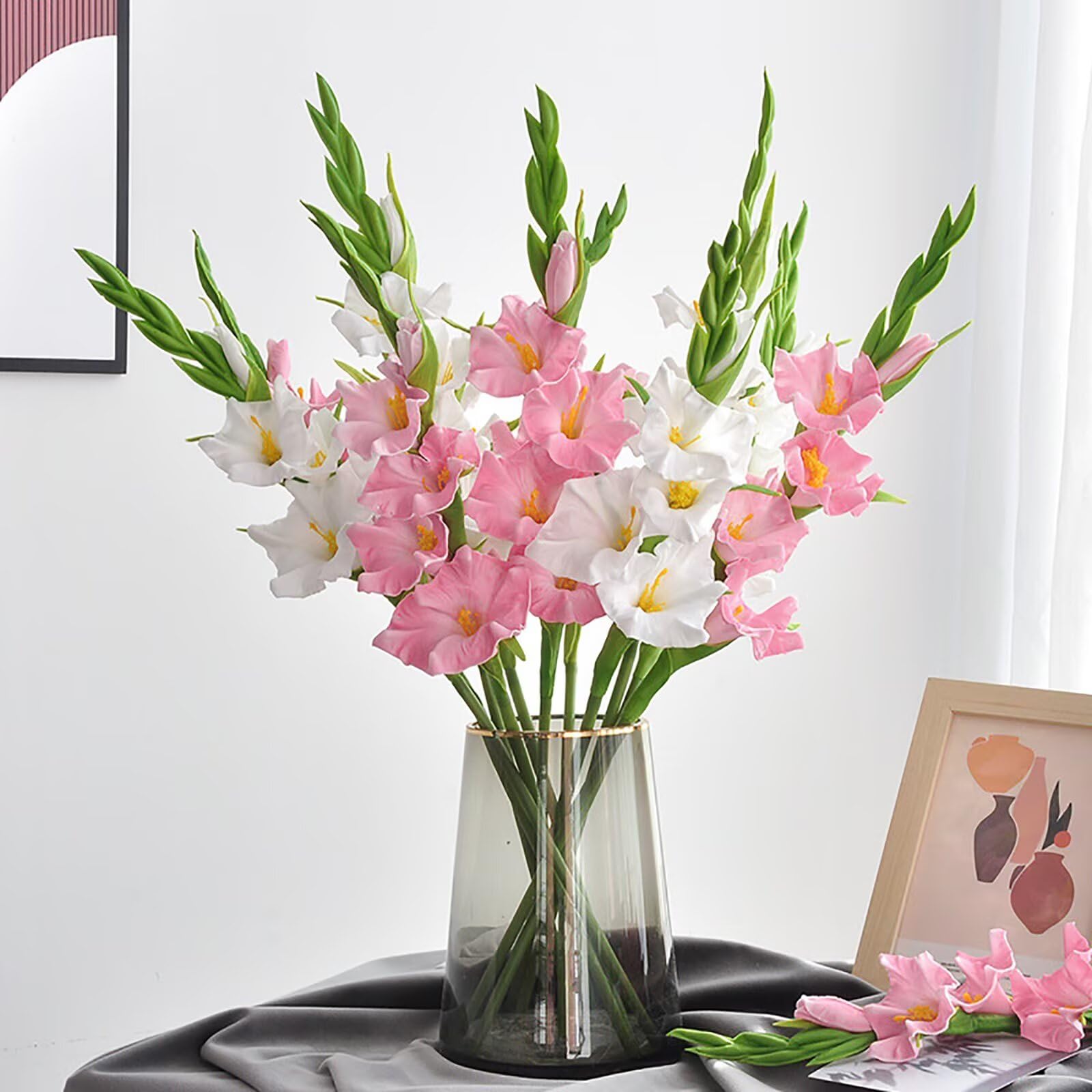 Künstliche Gladiolen, weiße und rosa, künstliche Gladiolen, Seide, Gladiolen, Blumen mit Stielen, künstliche Gladiolen, Blumen für Hochzeit, Garten, Zuhause, Party, Tisch, Blumenarrangement