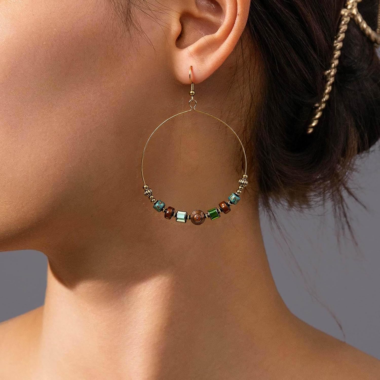 Boho Wooden Bead Circle Dangle Earrings Hollow Circle Hoop Earrings Round Turquoise Drop Earring Brown Bead Hoop Earring Jewelry for Women - Image 5