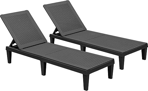 GUNJI Sillas de salón para patio exterior, impermeables, de resina, tumbonas ajustables para exteriores, juego de 2 sillas de piscina, tumbonas para