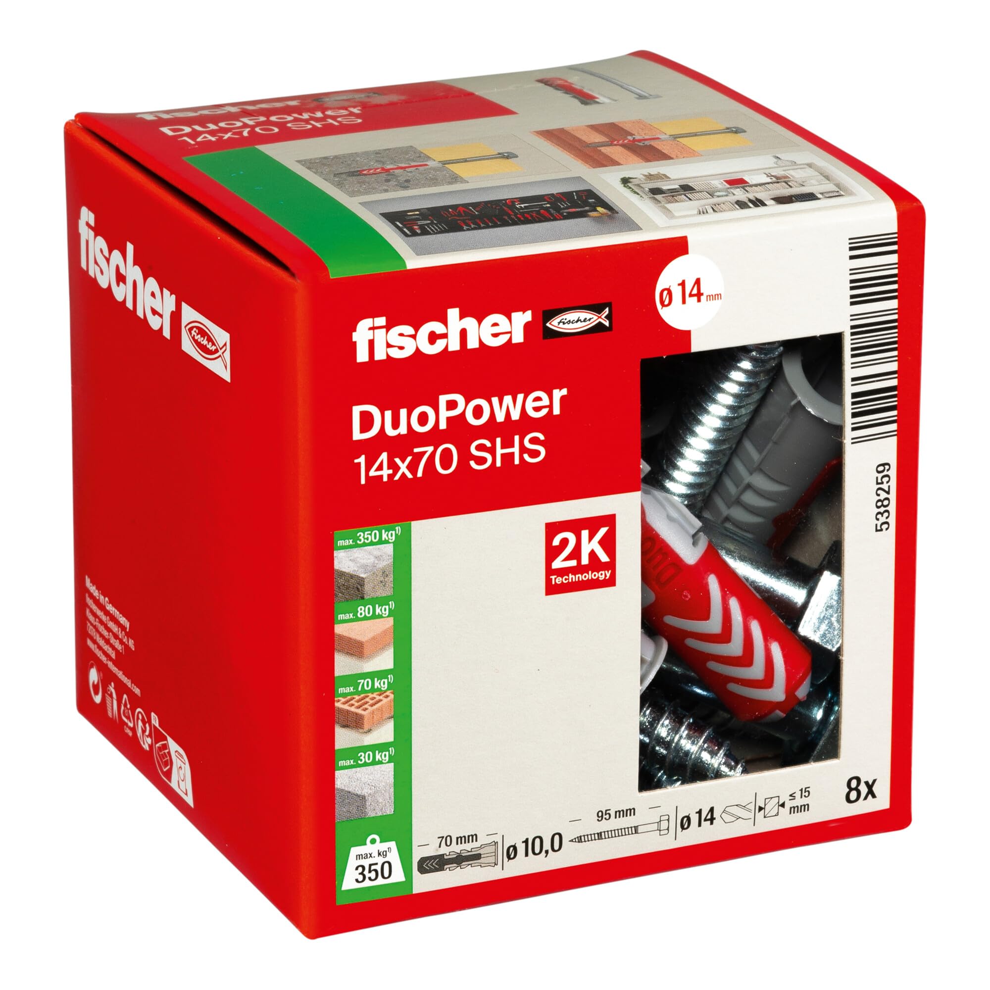 fischer DuoPower 14 x 70 S, powerful universal plug with safety screw, intelligent 2-component technology for fastenings in concrete, bricks, stone, etc., 8 plugs & 8 screws