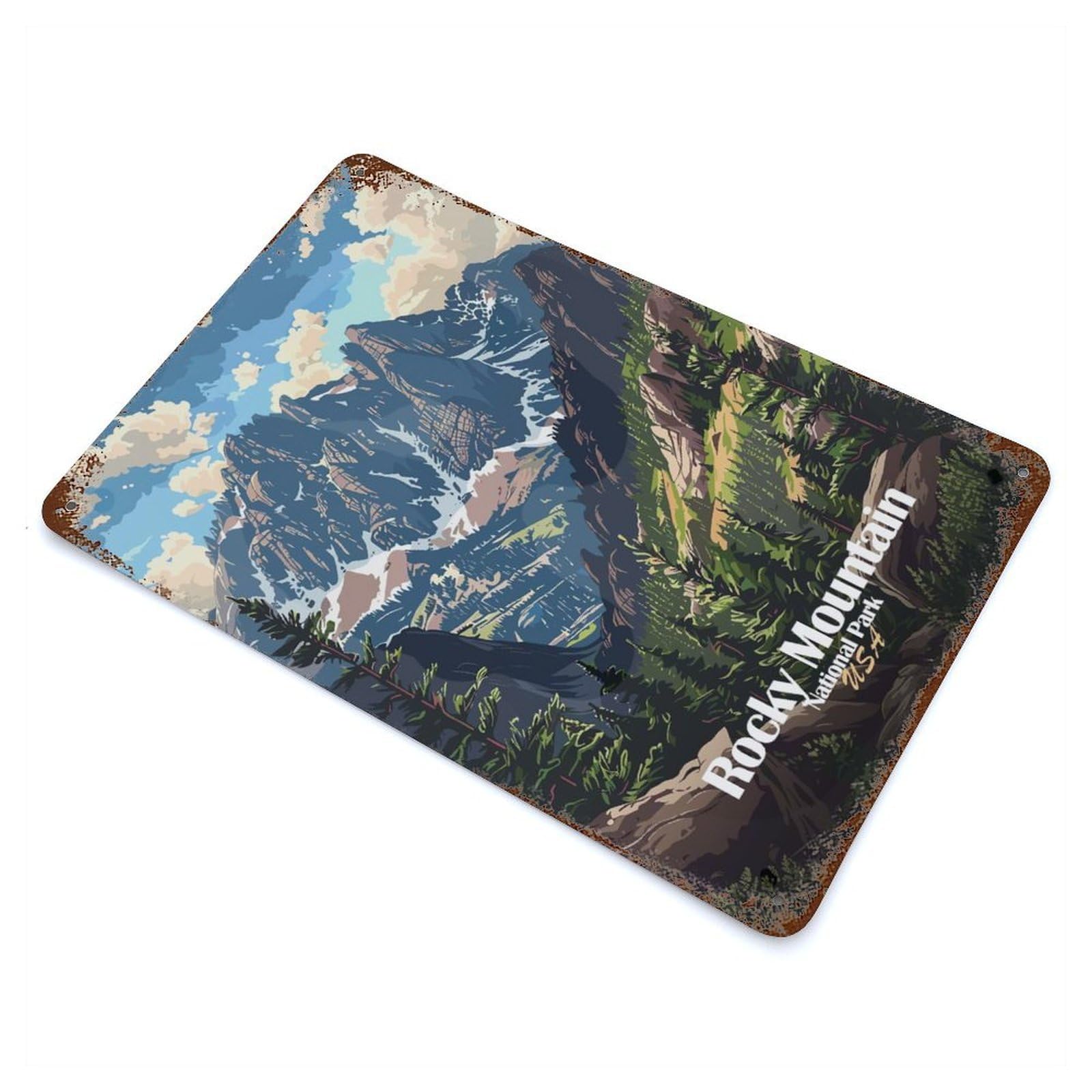 Decorative Tin Sign Rocky Mountain National Park Illustration 11.8"x7.9", Vintage Wall Decor for Pub, Kitchen And Man Cave Decor