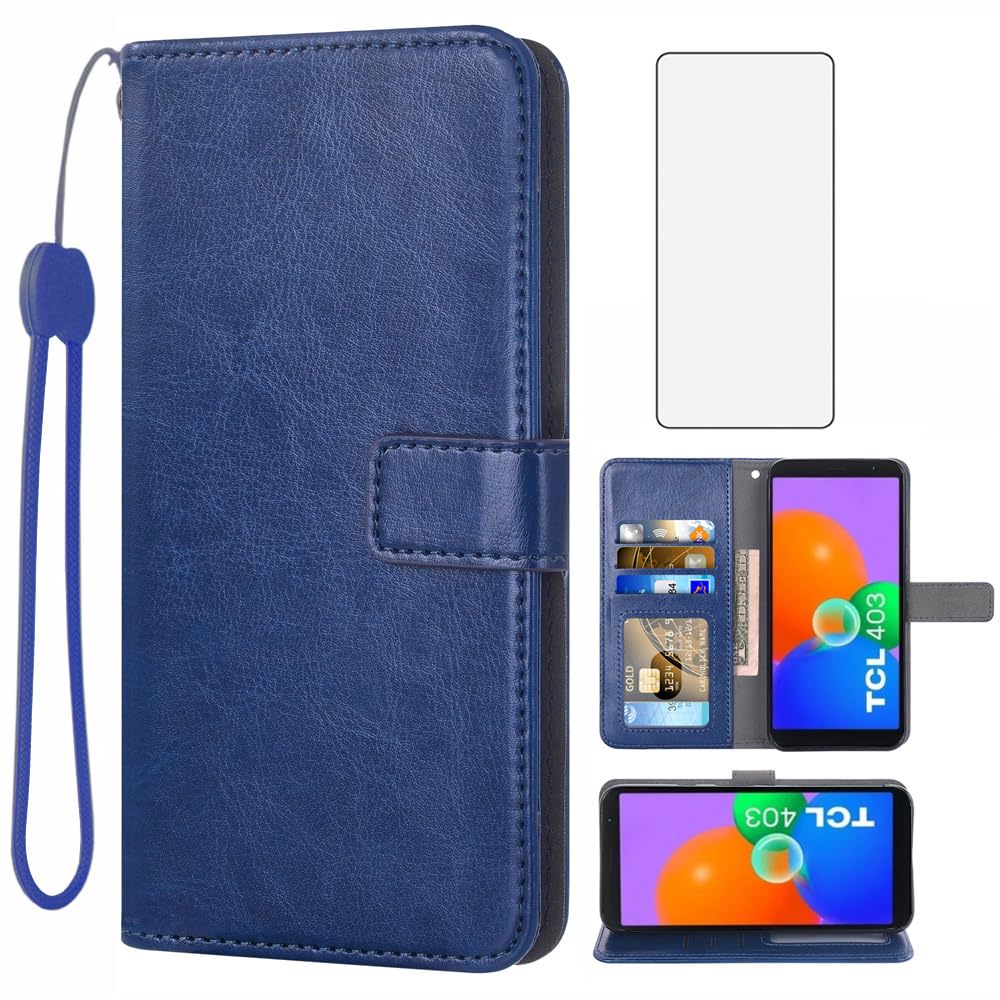 Asuwish Compatible with TCL 403 Wallet Case Tempered Glass Screen Protector Credit ID Slot Leather Flip Cover Card Holder Stand Cell Accessories Phone Cases for TCL403 Women Men Blue