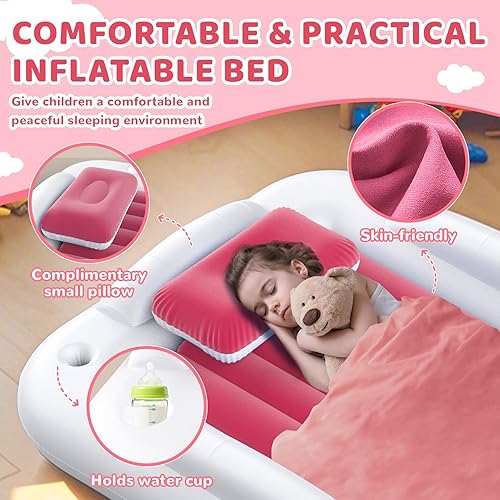Miniatura 41 de Cama inflable de viaje para niños pequeños, cama portátil de 60 pulgadas para viajes con lados de seguridad, acogedor juego de colchón de aire