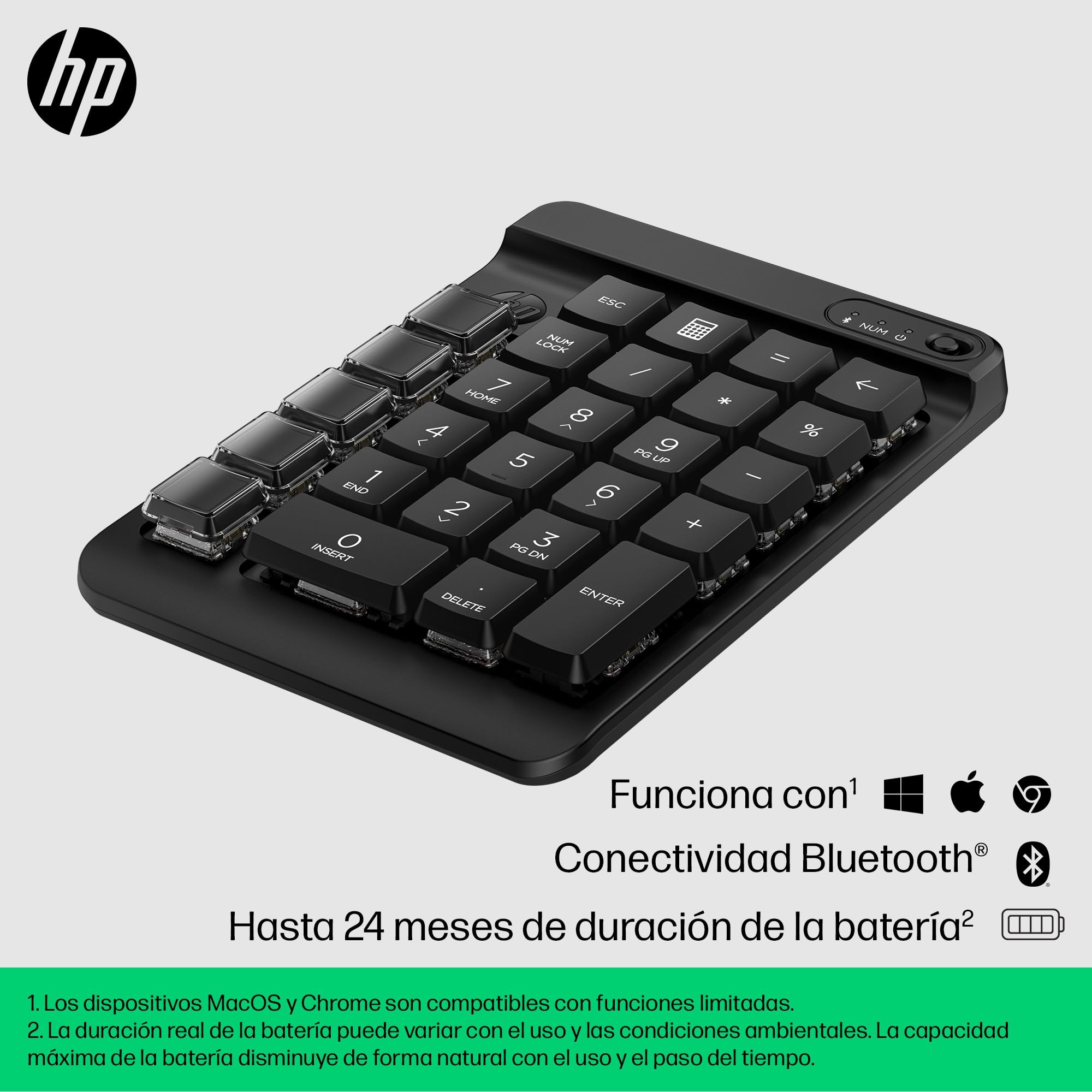 HP 430 Teclado Numérico Programable Inalámbrico, Bluetooth 5.3, 50 Millones de Pulsaciones, Compatible con Windows 10/11, macOS y ChromeOS, Diseño Compacto, Color Negro