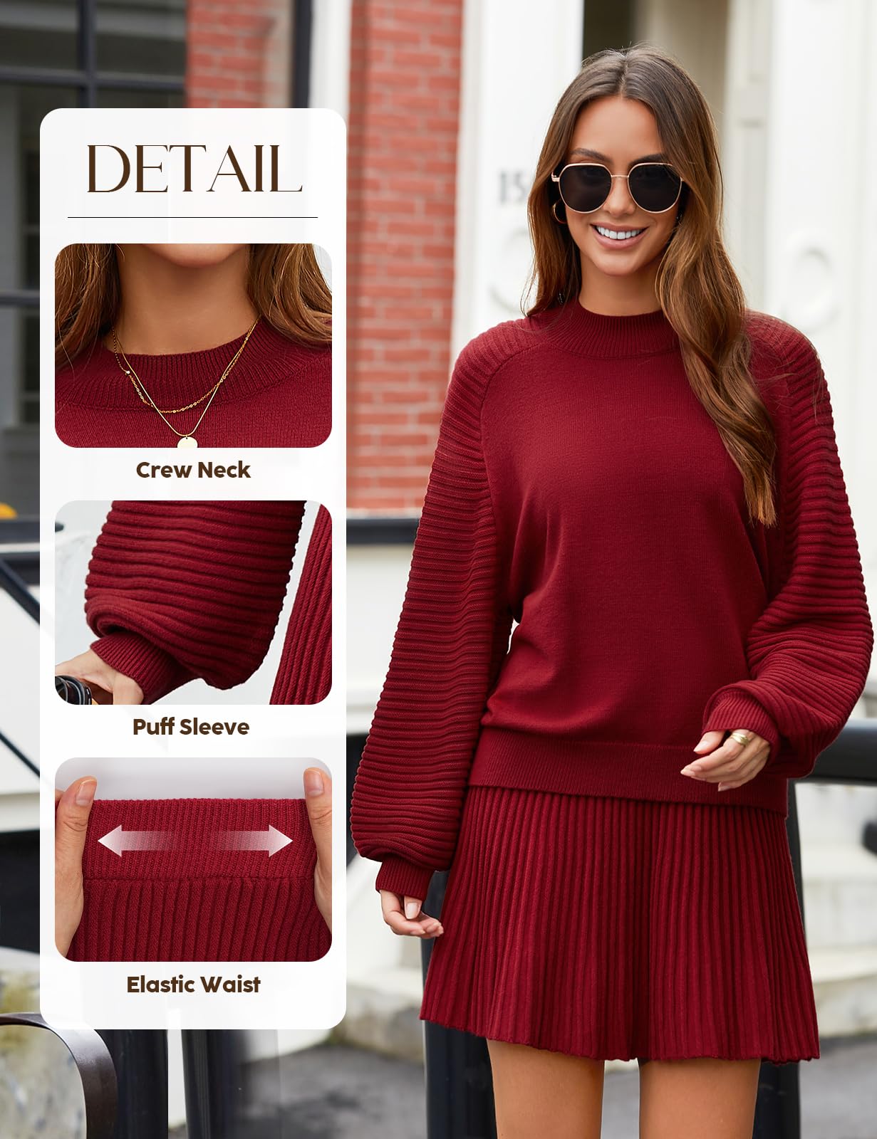 Zweiteiler Damen Strick Pullover Sets Herbst | Strickpullover Top A-Linie Minirock Set , Oberteil Langarm, Hohe Taille Kurz Rock, Loungewear Set, Hausanzug, Herbst, Winter