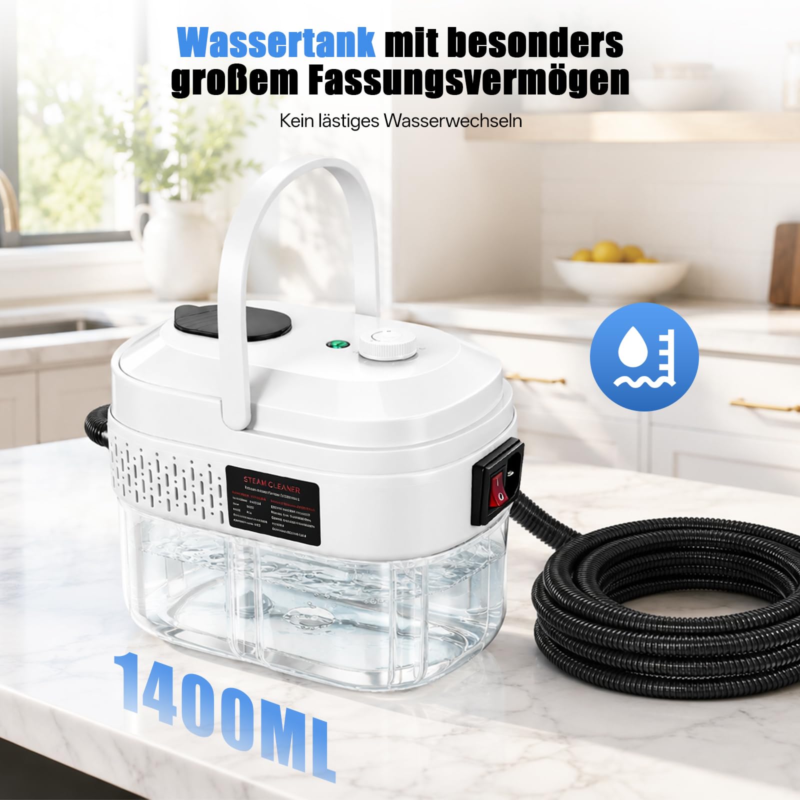 Dampfreiniger Handgerät, 1600W Handdampfreiniger mit 1.4L Tank Handdampfreiniger, Dampfdruck 3 Bar, Aufheizzeit: 15 s, für Bodendampfer, Ofen, Teppich, Sofa, Polster, Bettwanzen, Auto