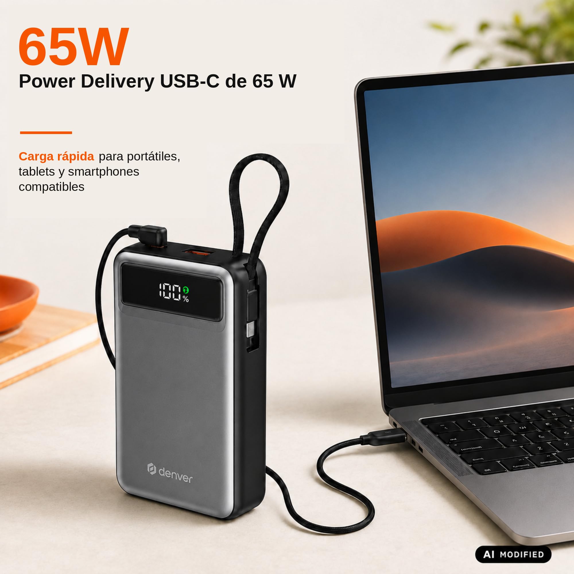 Denver Batería externa de 20.000 mAh, 65 W, carga rápida USB-C PD