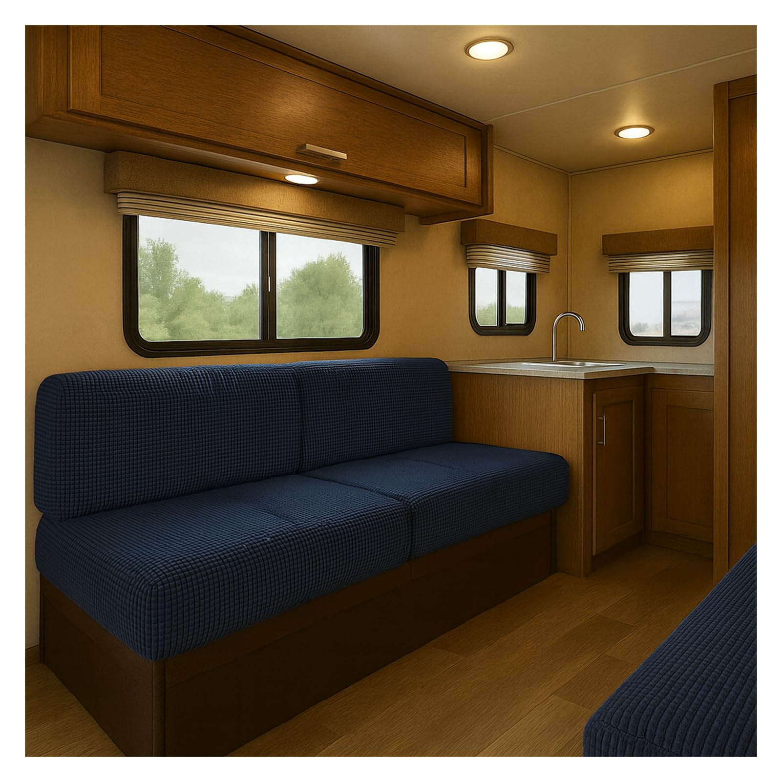 HonunGron RV Cushion Cover Stretch Jacquard – Non-Slip Camper Seat Cover with 2 Elastic Straps, Caravan Sofa Bench Slipcover for Motorhome Dinette Couch (Navy Blue,W 150-190 cm, D 50-65 cm)