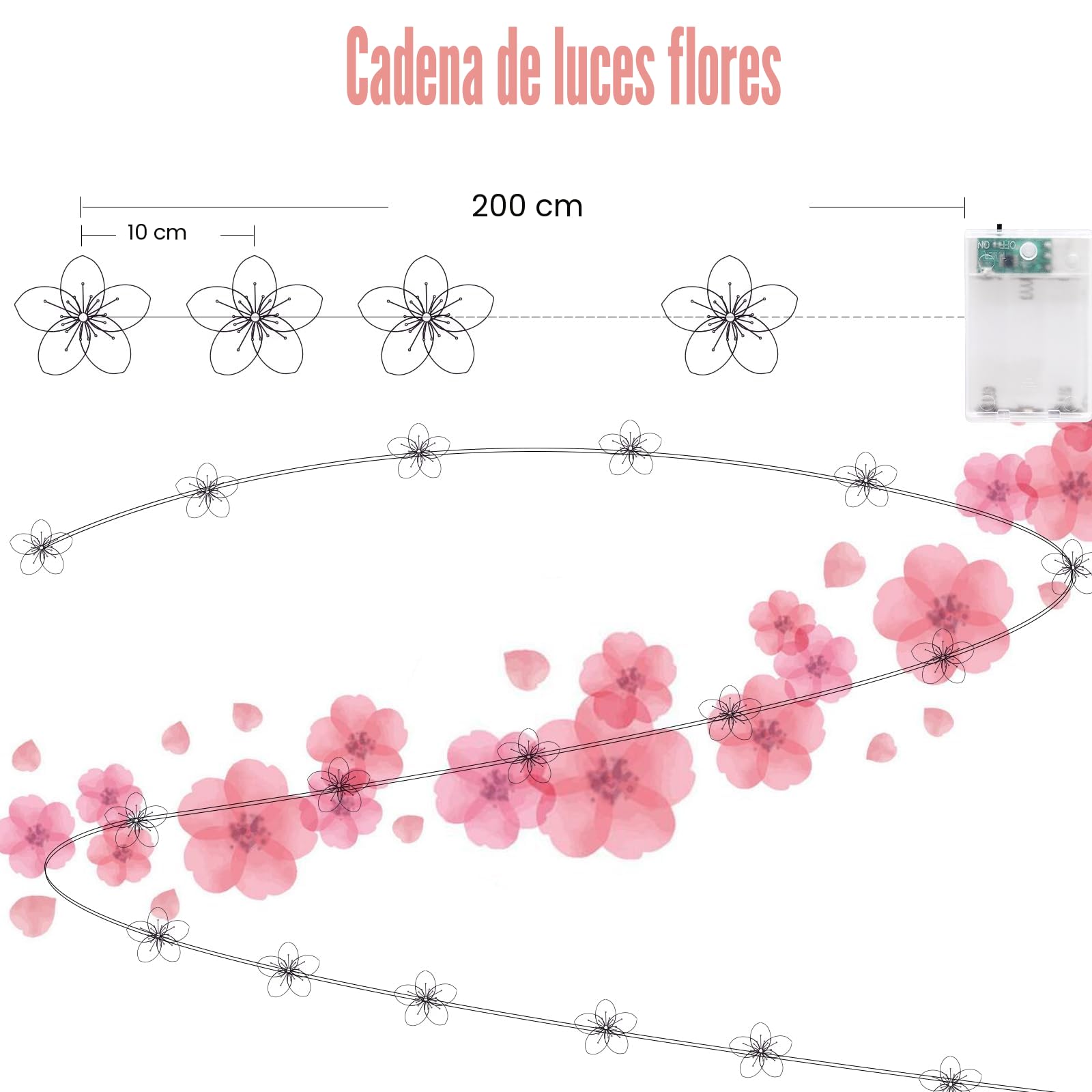 Auting Guirnalda de luces LED con diseño de flores de cerezo, 2 m, guirnalda de flores, guirnalda con 20 luces LED, batería con función de temporización, cadena de luces para decoración de primavera