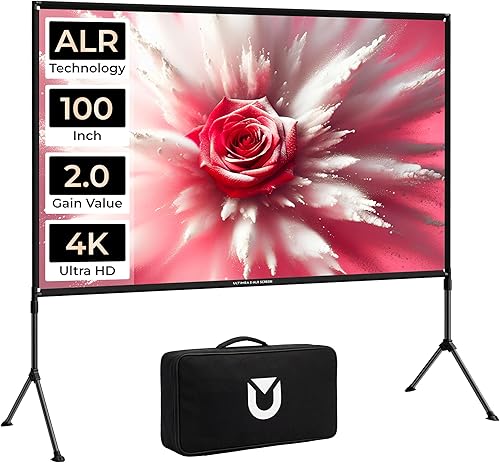 ULTIMEA Pantalla de proyector para exteriores con soporte, pantalla de proyector portátil antirreflejos de 100 pulgadas, pantallas de proyección