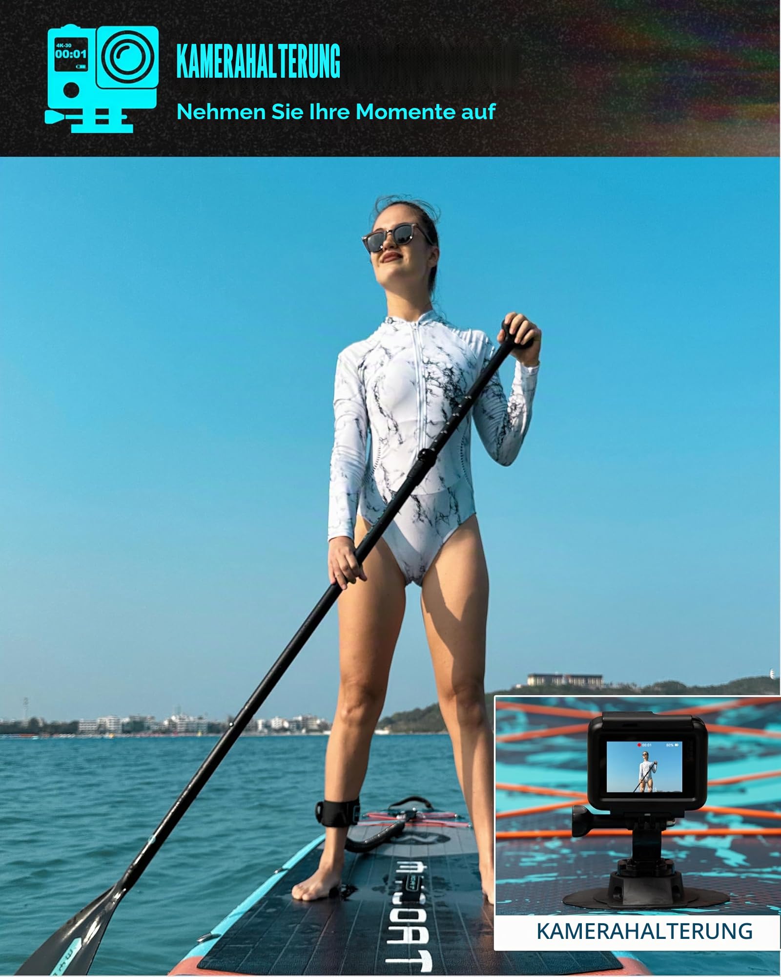 MYBOAT 30,5 x 86,4 x 15,2 cm, extra breit, aufblasbares Paddelbrett, Stand-Up-Paddelbrett zum Angeln, Sup-Board mit 3 abnehmbaren Flossen, Dual-Bungees, Kamerahalterung, Handpumpe, starkes Paddel, 5 l Trockentasche, Leine