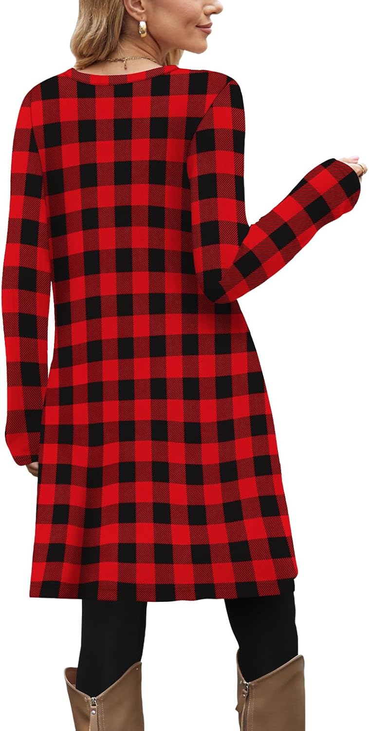 OFEEFAN Fall and Winter Tunic Dress with Pockets Long Sleeve Crew Neck Buttons Side - Image 3