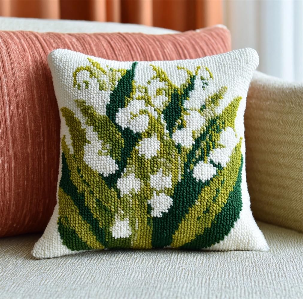kitphoenix Latch Hook Cushion Kit, Lily of The Valley Knitting Kits Cushion, Rug Making Kit for Starters, Latch Hook Kit for Beginners Adults Or Children 43X43Cm/17X17 Inch