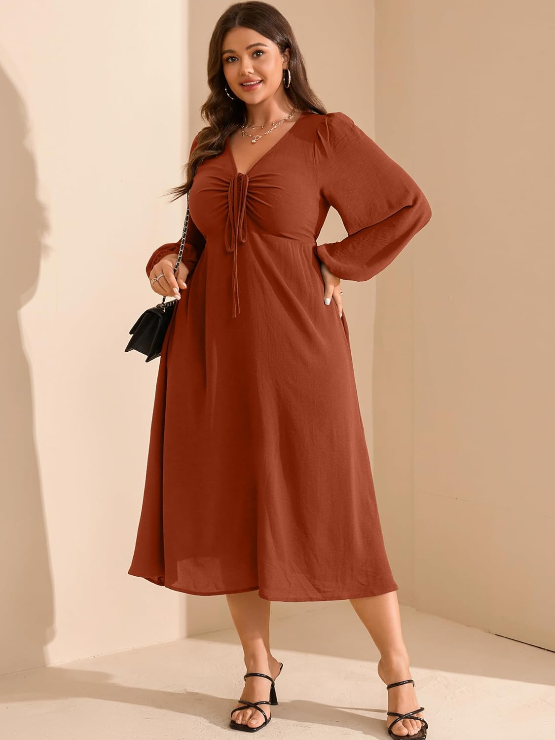 RWJ Fall Wedding Guest Dresses for Women Plus Size V Neck Long Sleeve Tie Front Cocktail Maxi Dress with Pockets - Image 5