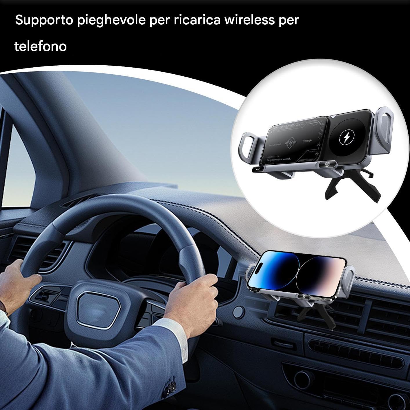 Supporto Auto Ricarica Wireless Supporto Telefono Cruscotto | Supporto Smartphone Piegevole, Ricarica 15W Doppia Bobina per Auto
