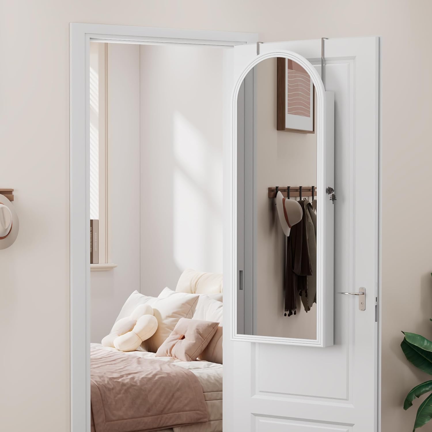 Lareth 47in Tall Jewelry Cabinet Organizer, Arched Wall or Door Mounted Jewelry Armoire with Full-Length Mirror, 6 LEDS Lockable Hanging Mirror Cabinet with Storage, 2 Drawers, Women Girls Gifts,White