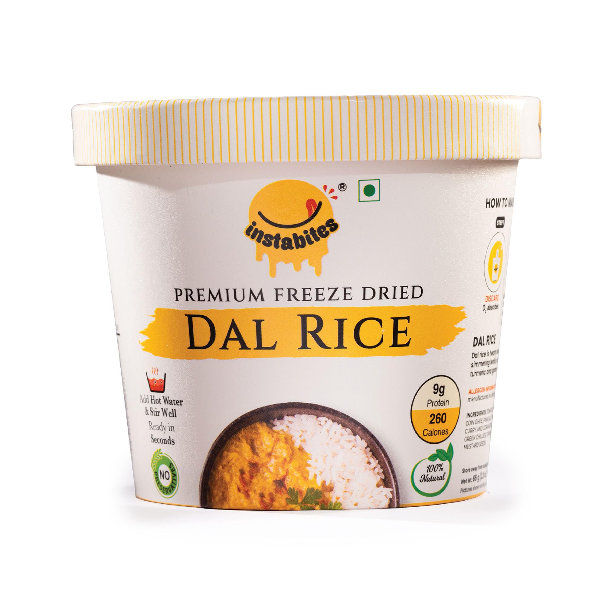 Instabites Ready to Eat Dal Rice Cup 65g, No Added Preservatives and Ready to Eat in Minutes - Pack of 1