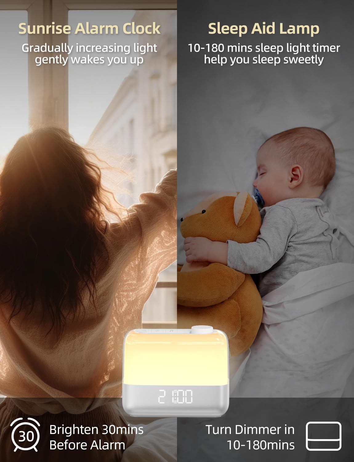 MeesMeek Sunrise Digital Alarm Clock for Bedroom: Wake-up Light, RGB Ambient Night Light, 9-Mins Snooze, 6 Natural Sounds, 7 Volume, Rechargeable Battery, Dual Loud Alarms for Heavy Sleepers (Silver)