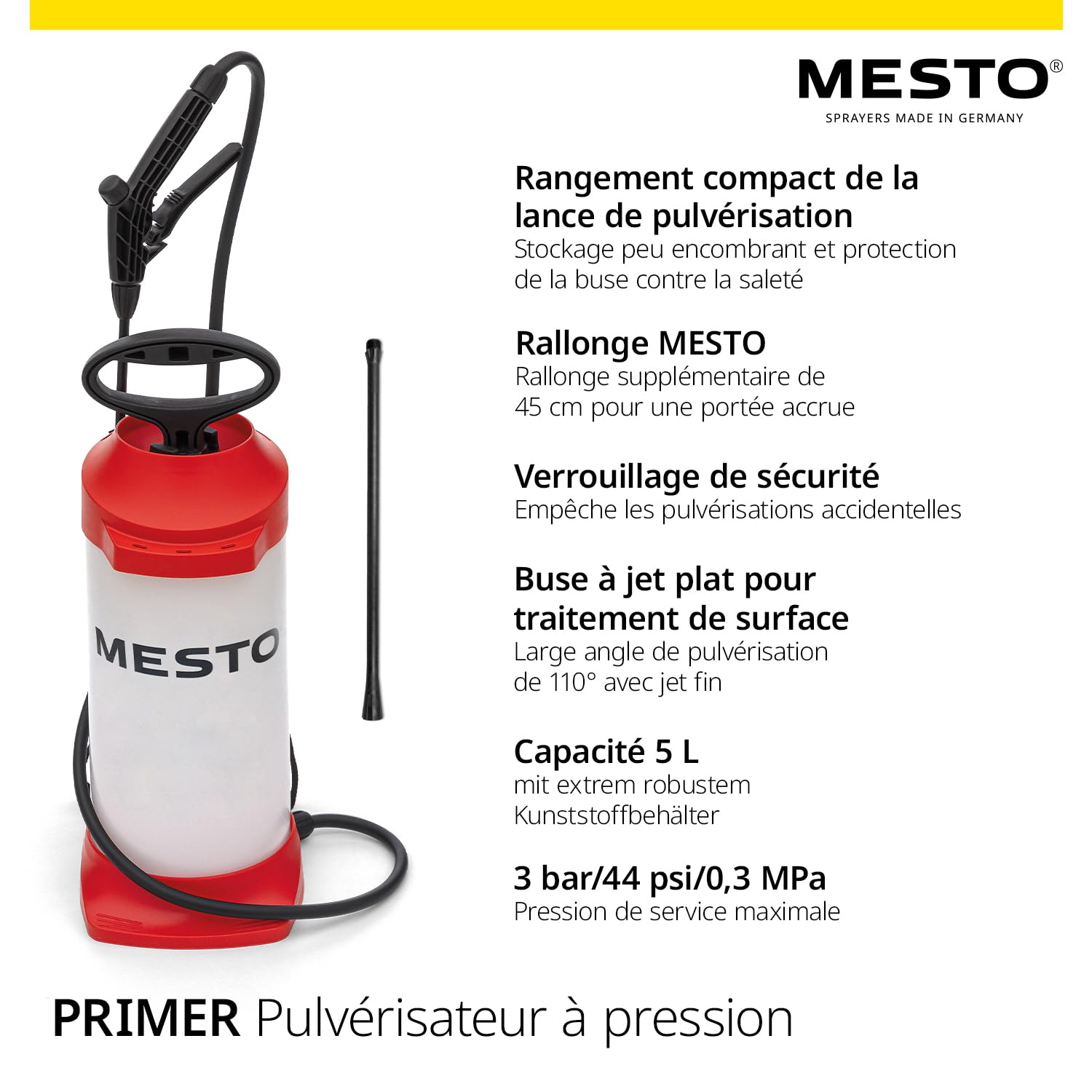 MESTO Primer Pulvérisateur à Pression 5 L avec Tube de rallonge 45 cm | Pulverisateur Manuel pour Produits Chimiques | Pulverisateur a Pression 3 Bar pour Chantier, bâtiment et Nettoyage