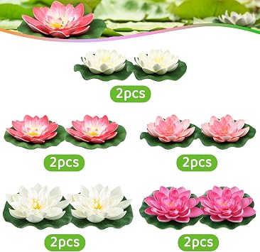 QUOZUO 10PCS 3 sizes Artificial Foam Lotus Floating Flowers with Water Lily Pad Ornaments for Home Garden Pond Decor Pools Water Decorations, Pink and white