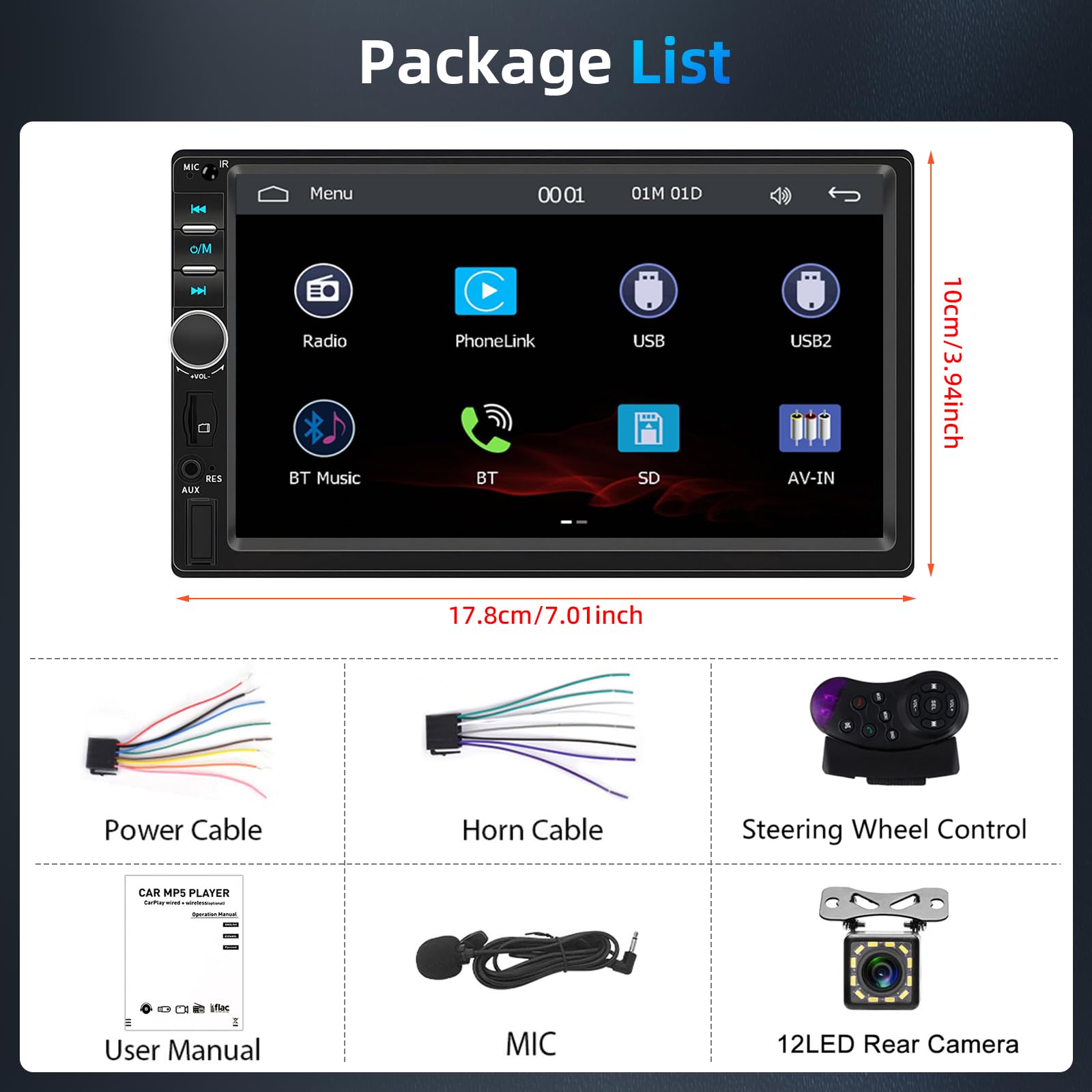 2 Din Autoradio Bluetooth con Carplay Android Auto, 7 Pollici Doppio Din Radio con Schermo, Stereo Auto Supporto MirrorLink/FM/USB/AUX/EQ/SWC/7 Colori Retroilluminazione+Telecomando