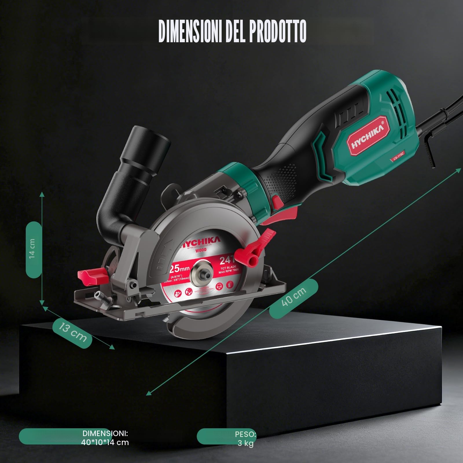 HYCHIKA Sega Circolare a Mano, Mini Sega Circolare 750W 3500 giri/min con Borsa da Trasporto, 3 Lame da Sega 115+125mm, Guida Parallela, Profondità di Taglio 48mm, per Legno, Metallo Dolce, Plastica