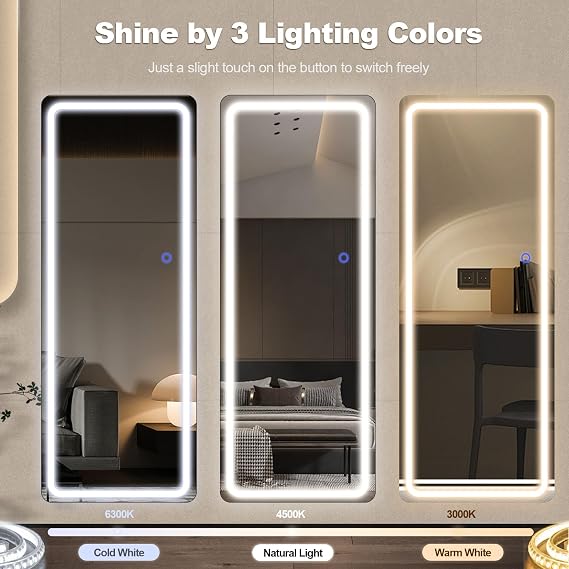 GlasFlength Full Length Mirror with LED Lights, 63x20 Full Body Mirror, Free Standing & Wall Mounted Hanging Mirror with Light for Bedroom, Aluminum Frame, Dimming & 3 Color Lighting (White)