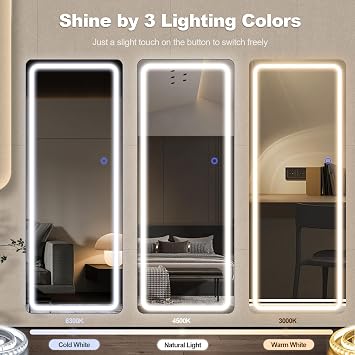 GlasFlength Full Length Mirror with LED Lights, 63x20 Full Body Mirror, Free Standing & Wall Mounted Hanging Mirror with Light for Bedroom, Aluminum Frame, Dimming & 3 Color Lighting (White)