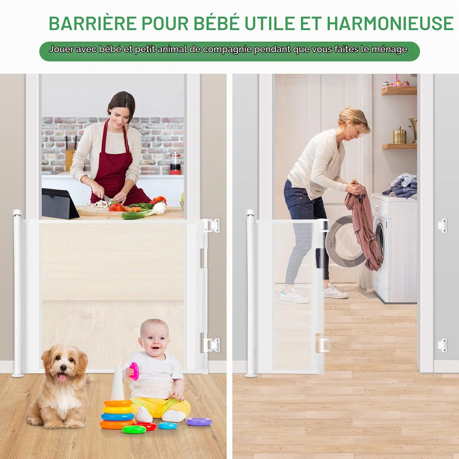 Barrière de Sécurité Rétractable 0-140cm, MYPIN Barriere de Securite Enfant Rétractable, Barriere de securite Chien pour Les Escaliers/Portes/Couloirs/Intérieur/Extérieur, Blanc