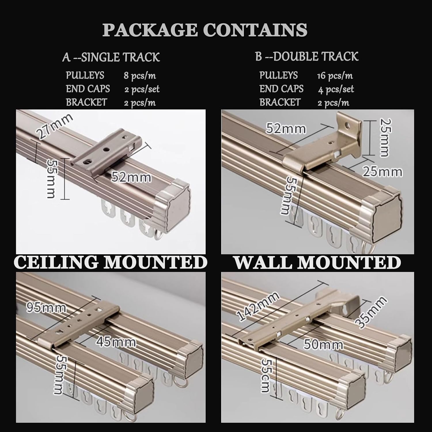 Aluminum Ceiling or Wall Mounted Curtain Track with Rollers,Hardware,and End Caps,Champagne,1.4m Single Rail