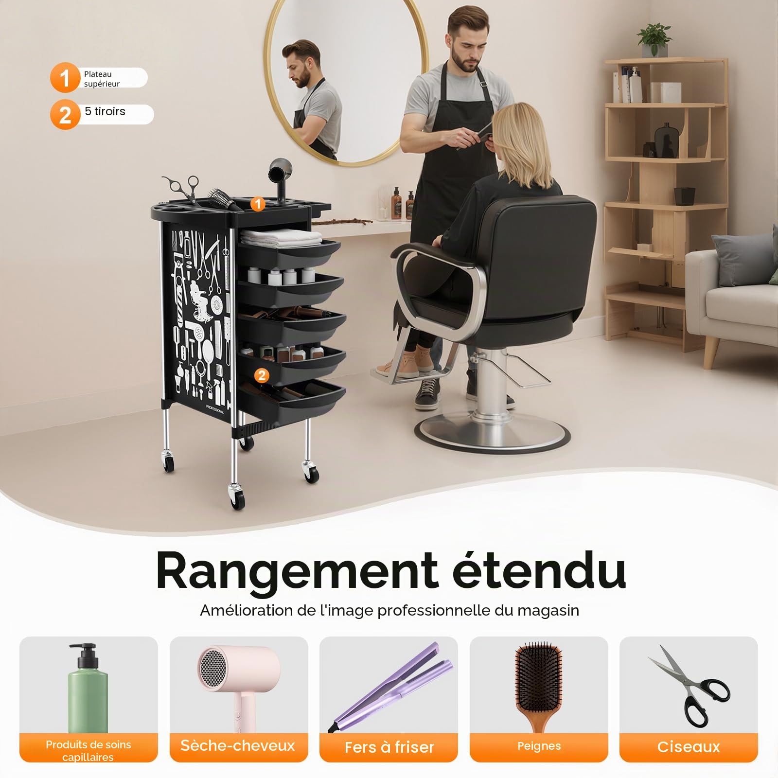 Chariot de Coiffure Professionnel, Chariot de Salon de beauté, Tablette Coiffure a Roulette, avec 5 tiroirs et roulettes, Plateau Extensible