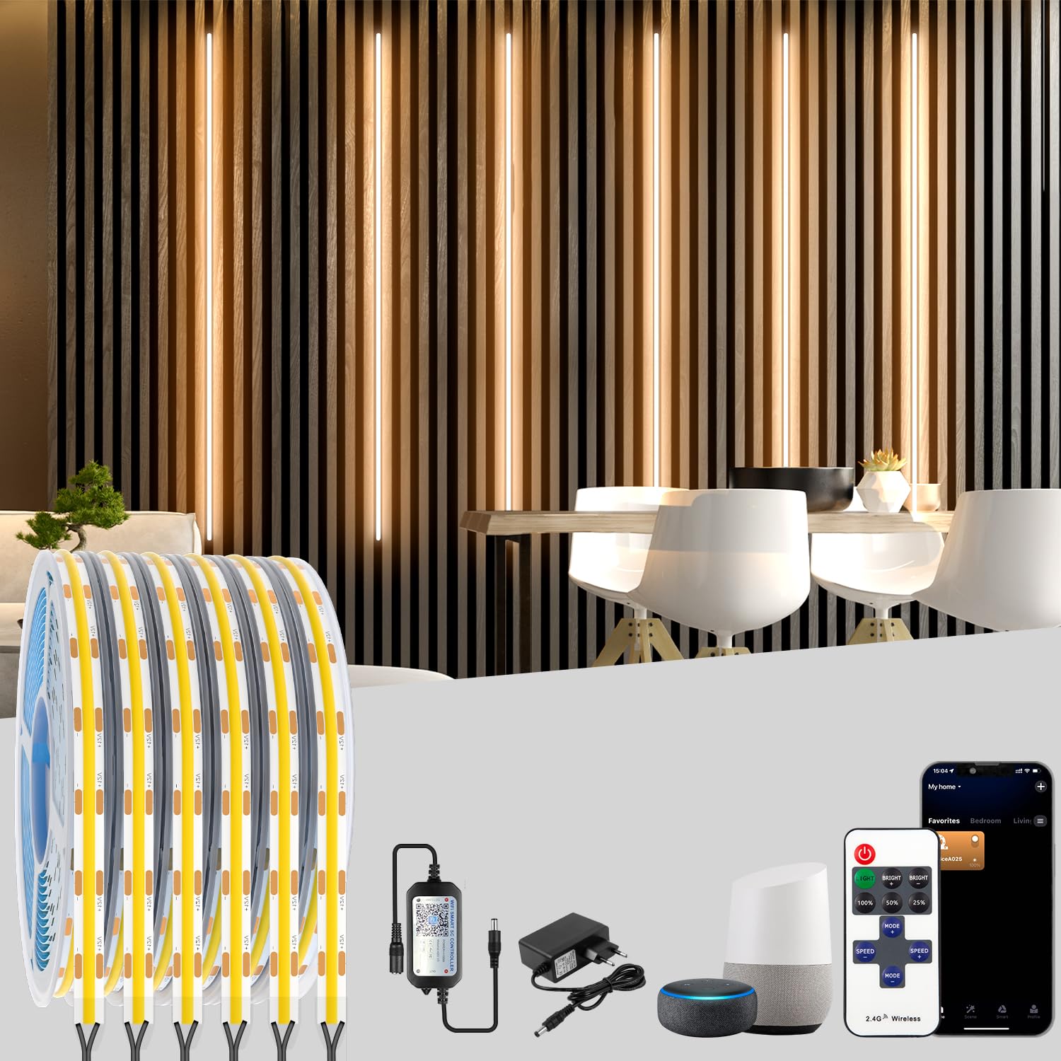 Lichaser COB LED für Akustikpaneele, 6 Rollen 2700K Akustik Paneele LED Streifen Warmweiss und Kompatibel mit Alexa, COB Lichtleiste für Akustikpaneele, Wandpaneele Beleuchtung, Regal, Vitrinen