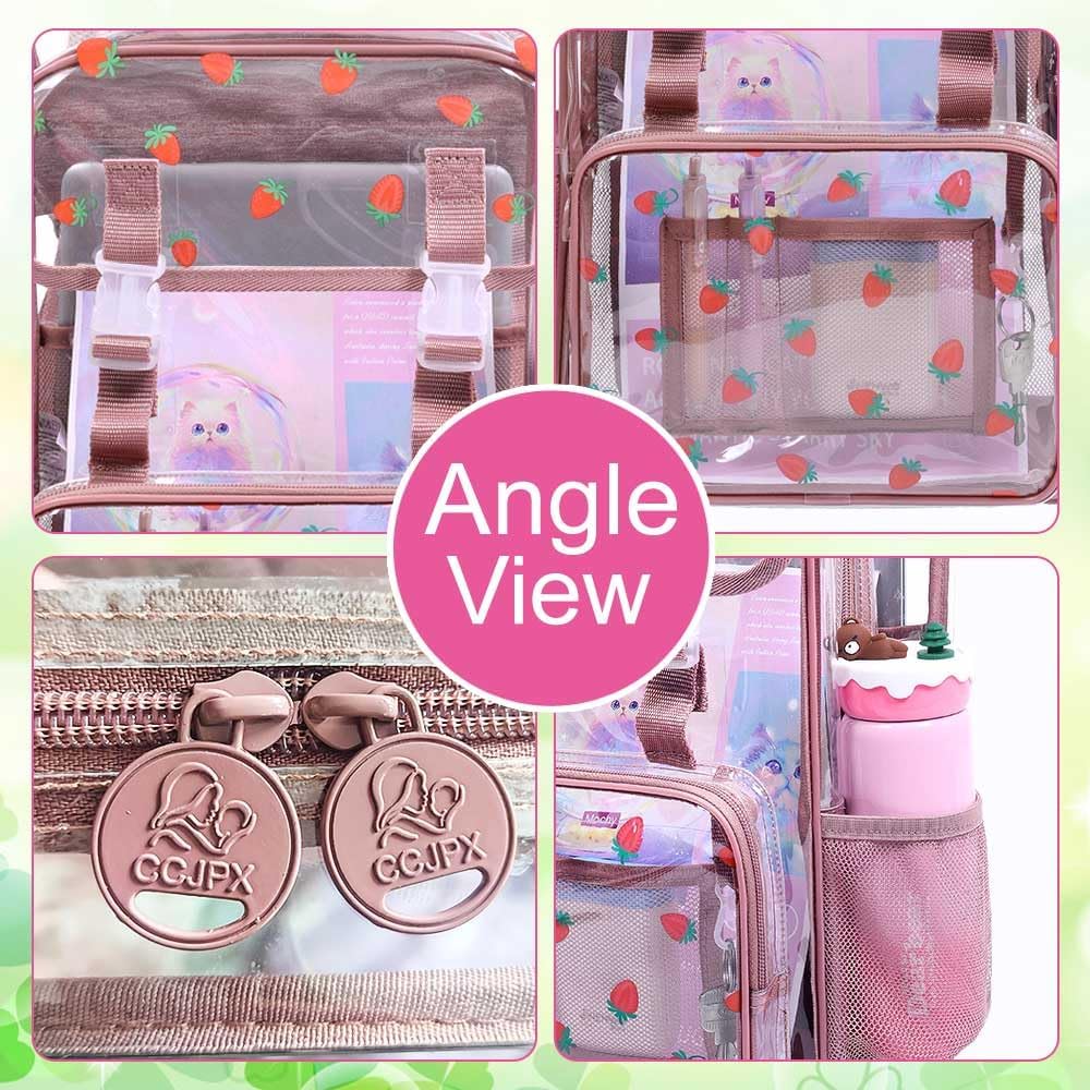 17" Strawberry Clear Backpack for Girls - 3Pcs Flip Design Stadium Approved Set, Campus/School Transparent Bookbag (Pink)