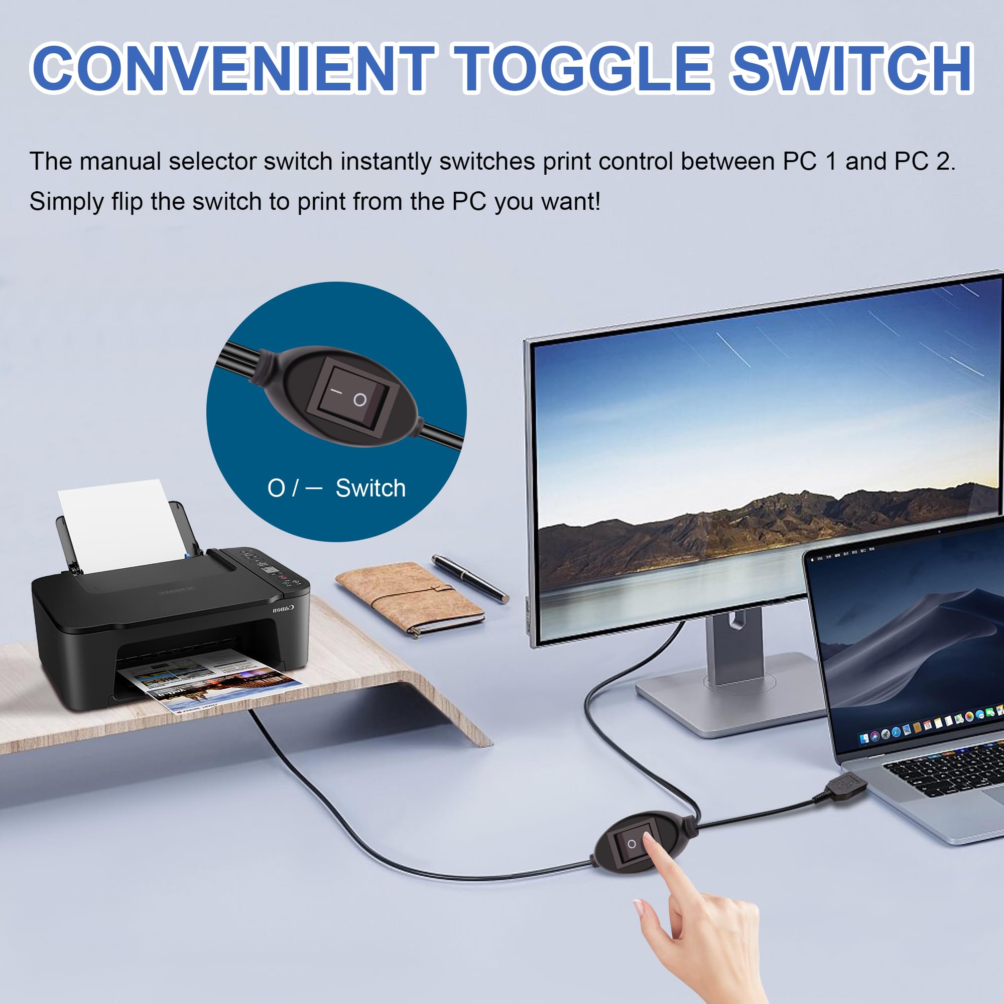 2-in-1-Druckerkabel-Splitter, USB-B-auf-Dual-USB-A-Kabel für zwei Computer, die einen Drucker/Scanner teilen, mit manuellem Kippschalter (4,5 m)